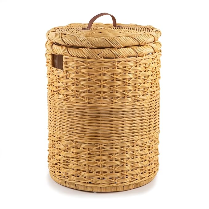wicker Round Laundry Basket with Lid| laundry basket with lid | storage basket Laundry Hampers(17"L x x 25"H) (Beige) (Beige)
